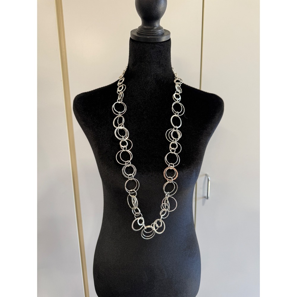 Brighton Silver Tone Interlocking Circle Long Link Statement Necklace Heart Tag